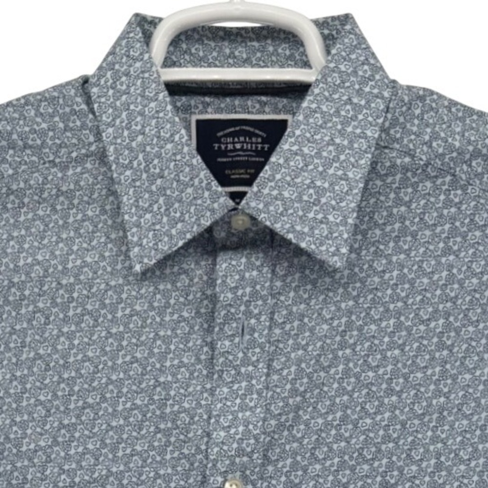 Charles Tyrwhitt Mens Blue Floral Geometric Non-Iron Classic Fit Shirt Size M